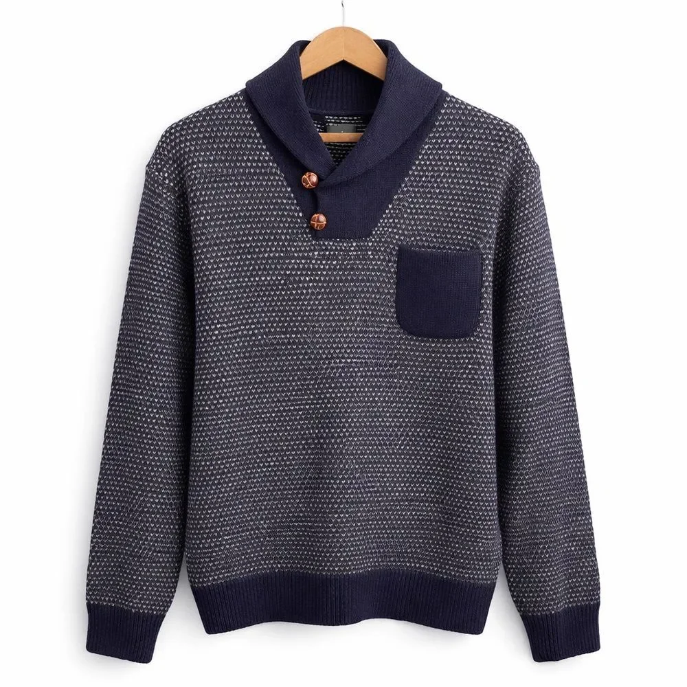 J.Crew Lambswool Shawl Collar Bird’s-Eye Sweater Men’s Large Navy Button Neck
